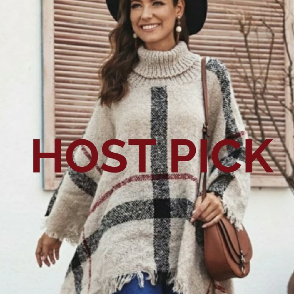 🌟🎉HOST PICK!🎉🌟Plaid Brit look Fringe Hem Cowl neck Poncho